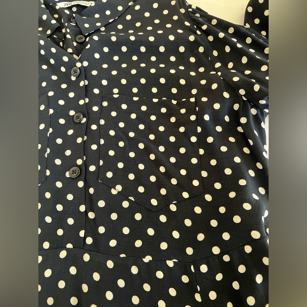 Zara black and white polka dot midi shirt dress with belt - Picture 4 of 8